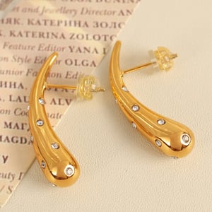 1 Pair Simple Series Simple Droplet Stainless Steel  Gold Color Rhinestone Women's Stud Earrings h5 